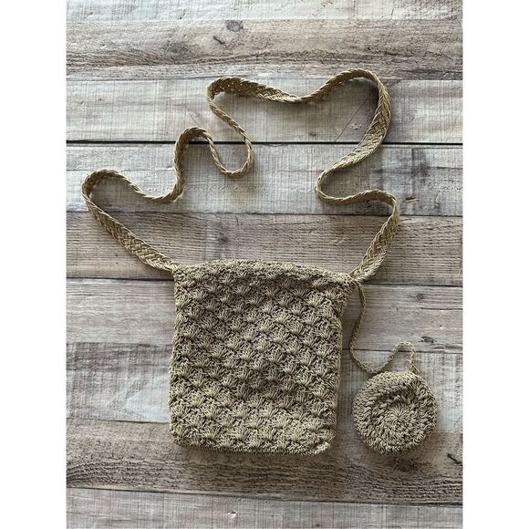 Vintage Handmade Crochet Tan Zipped Hobo Crossbody Bag - Picture 2 of 7